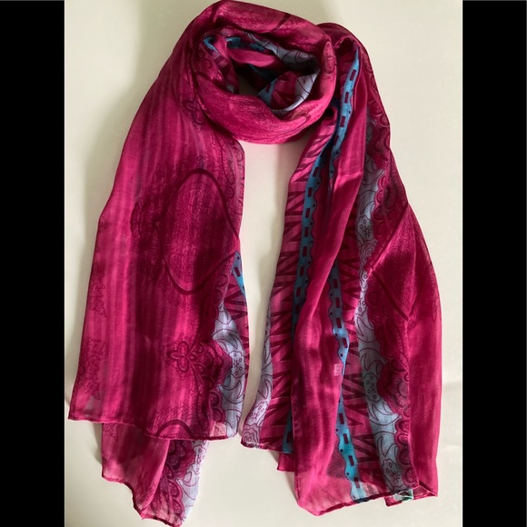 🛍 Vibrant Butterfly Print Long Scarf, Cerise Pink/Multicolored - Picture 1 of 3